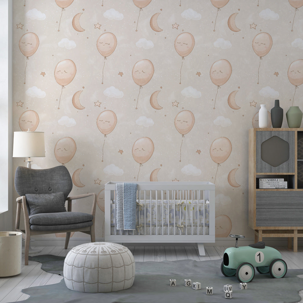 Whimsical balloon and cloud mural wallpaper transforming kids playroom into dreamy space