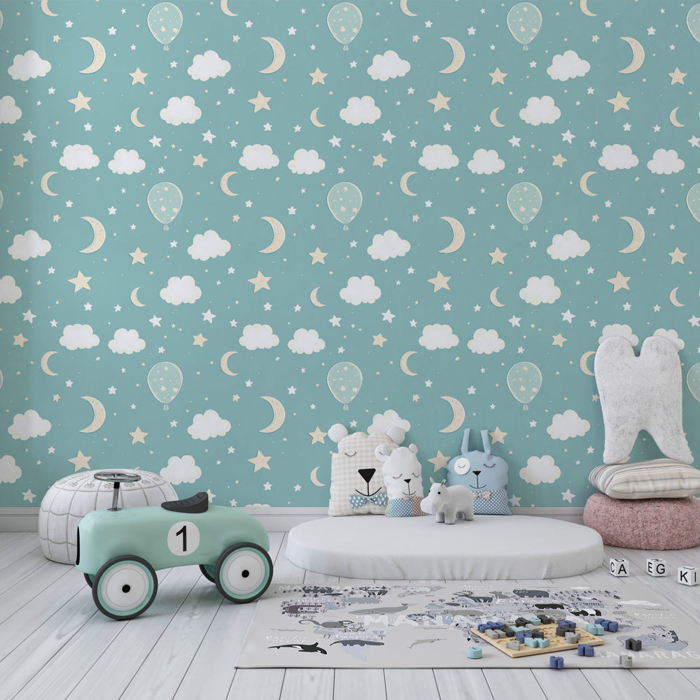 Starry night balloon wallpaper transforming kids bedroom into dreamy celestial sanctuary