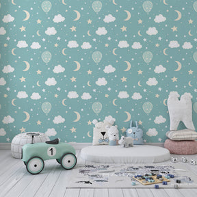 Starry night balloon wallpaper transforming kids bedroom into dreamy celestial sanctuary