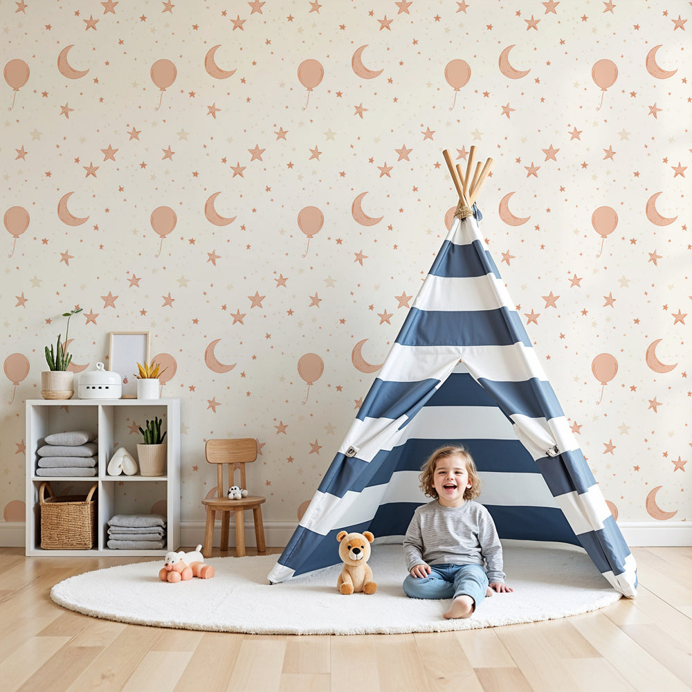Balloon dreams mural wallpaper with stars and moons in pastel nursery by Kids-Mundo