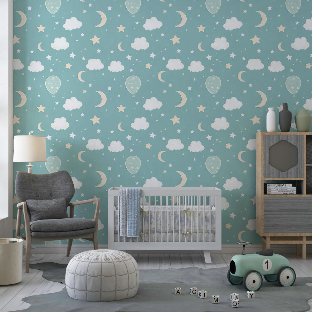 Whimsical balloon and stars mural wallpaper inspiring imagination in modern children's playroom