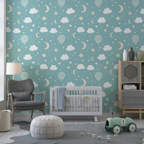 Whimsical balloon and stars mural wallpaper inspiring imagination in modern children's playroom