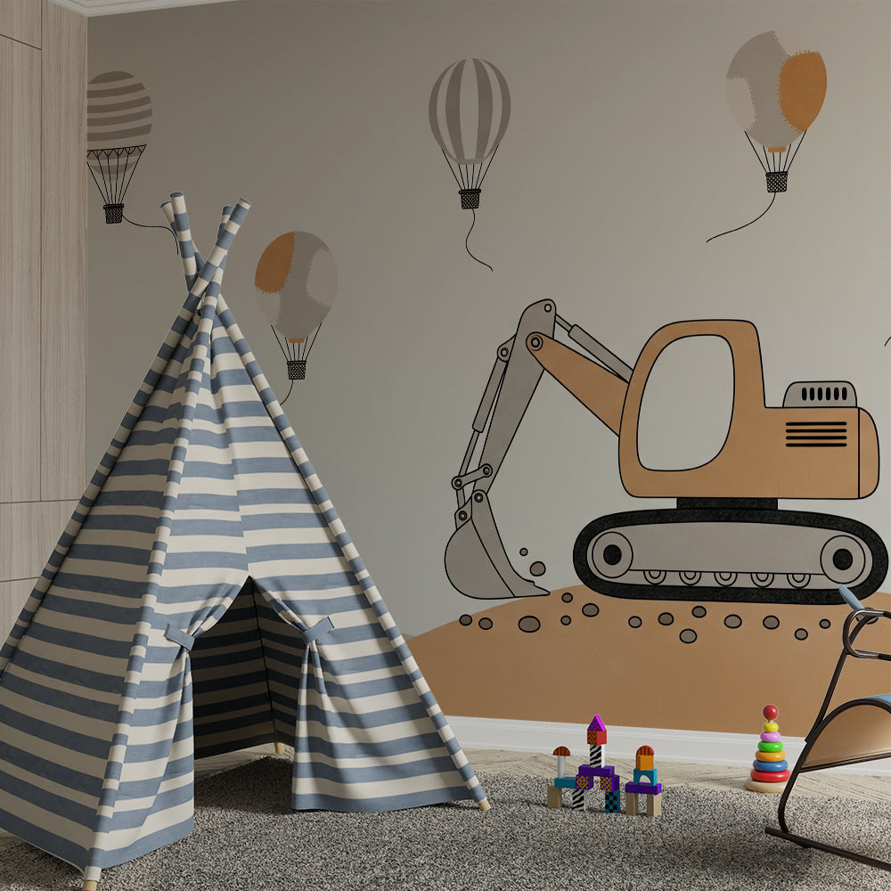 Kids-Mundo balloon and excavator construction mural on a feature wall in a kids' bedroom