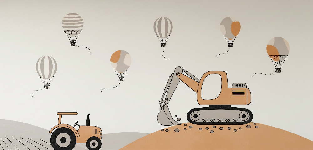 Hot Air Balloons and Excavator Construction Wall Mural