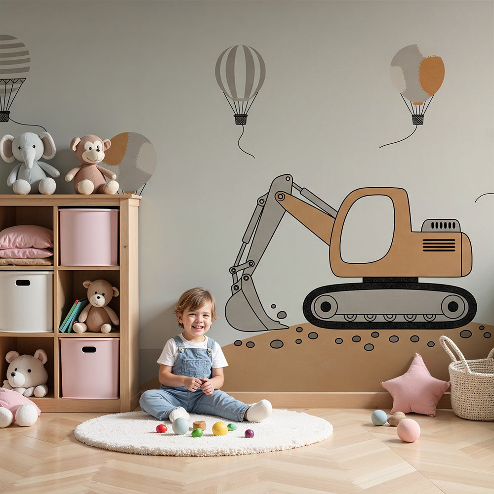 Kids-Mundo hot air balloon and excavator wall mural styled above a cot in a soft beige nursery