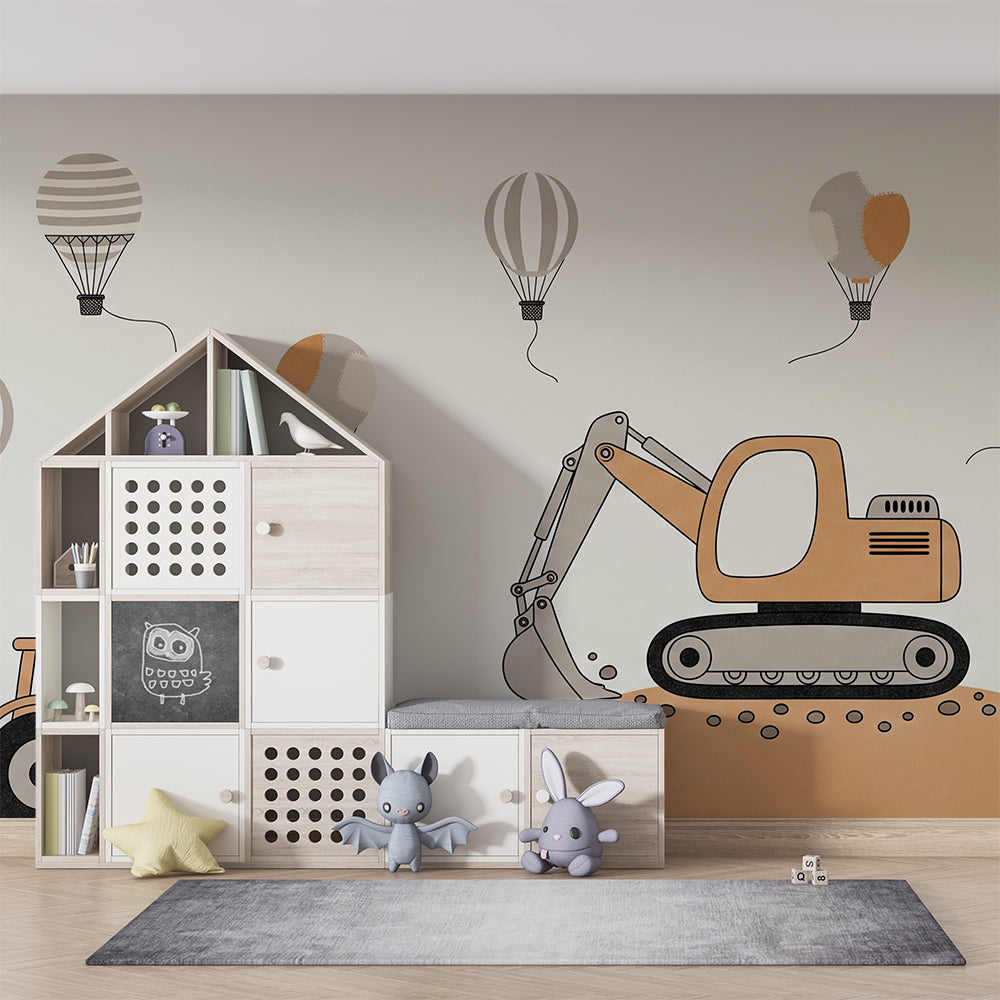 Kids-Mundo hot air balloon and excavator wall mural bringing a building site to a playroom
