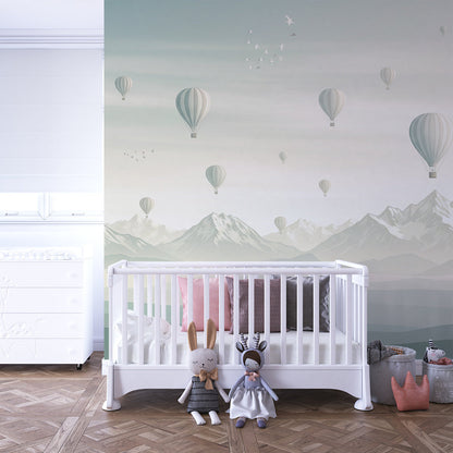Kids-Mundo balloon fleet mountain wall mural styled on a kids bedroom feature wall