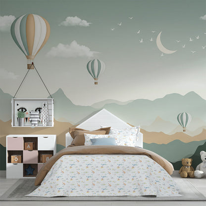 Kids-Mundo balloon mural styled on a feature wall in a calm kids bedroom