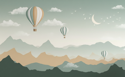 Flat artwork of the Kids-Mundo hot air balloon wall mural over golden mountain layers