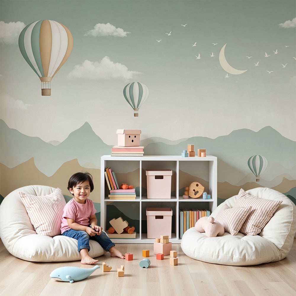 Kids-Mundo hot air balloon wall mural over golden mountains in a warm nursery