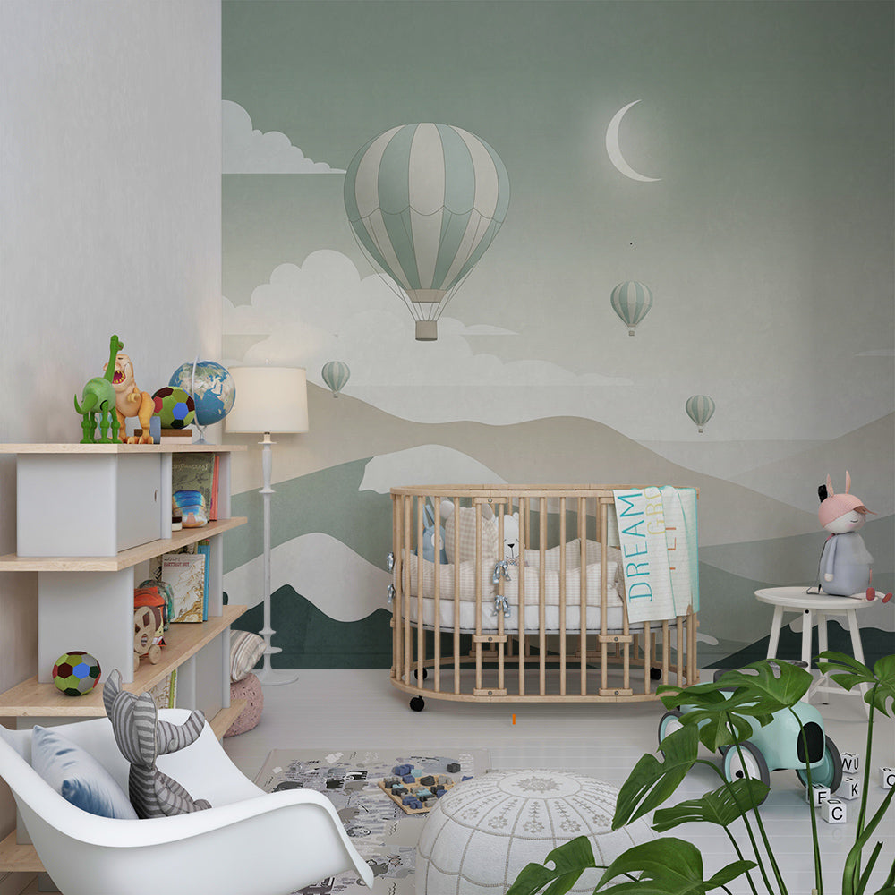Kids-Mundo balloon and moonlit mountain mural on a feature wall in a bedroom