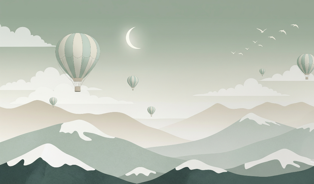 Flat artwork of the Kids-Mundo hot air balloon wall mural over moonlit mountains