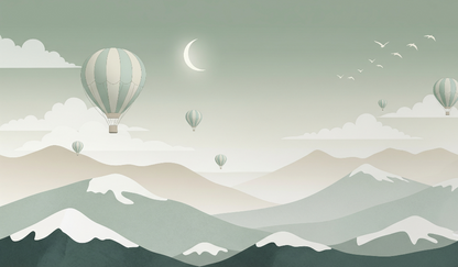 Flat artwork of the Kids-Mundo hot air balloon wall mural over moonlit mountains