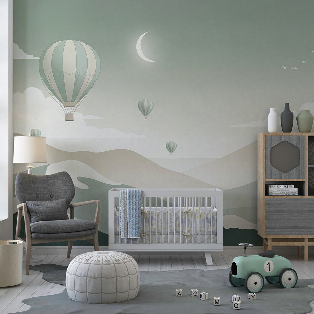 Kids-Mundo hot air balloon wall mural styled in a calm playroom corner