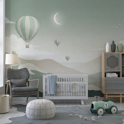 Kids-Mundo hot air balloon wall mural styled in a calm playroom corner