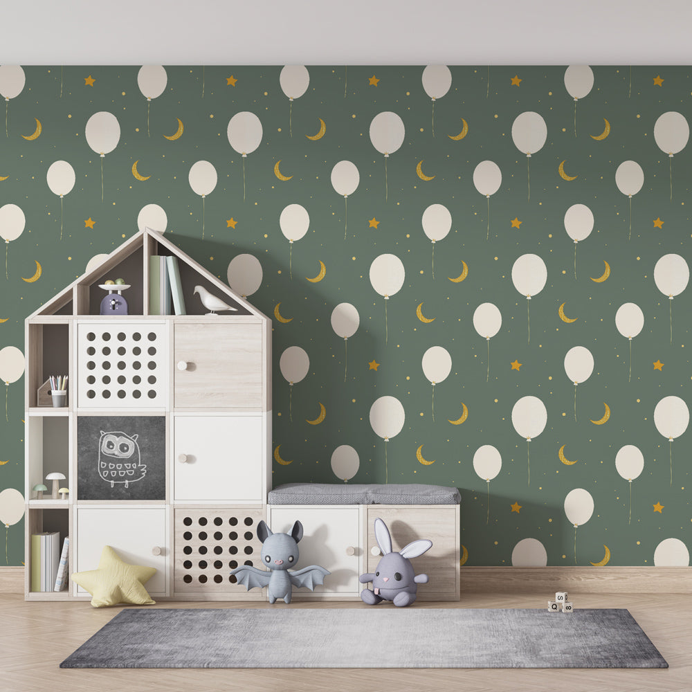 Soft green balloon wallpaper with golden accents for peaceful kids room by Kids-Mundo