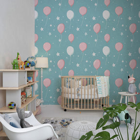 Festive balloon wallpaper creating joyful atmosphere in children's bedroom decor