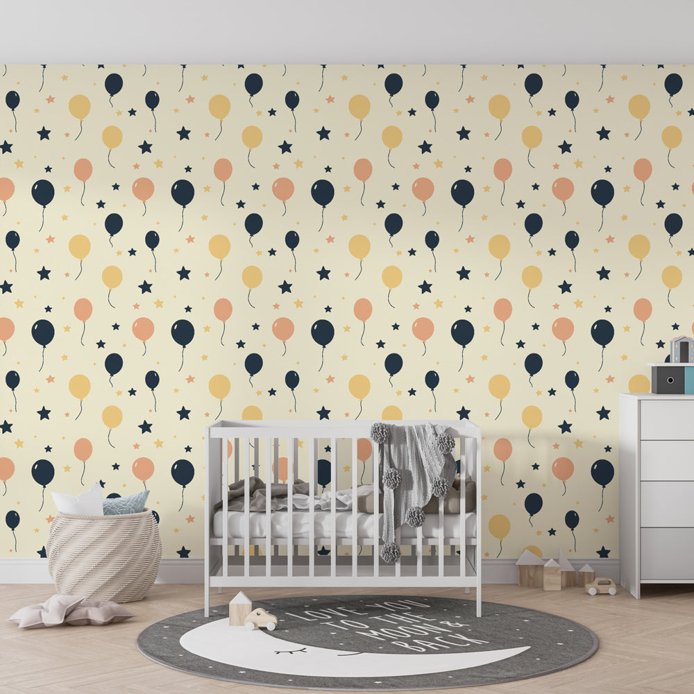 Festive balloon wallpaper creating playful atmosphere in children's bedroom decor