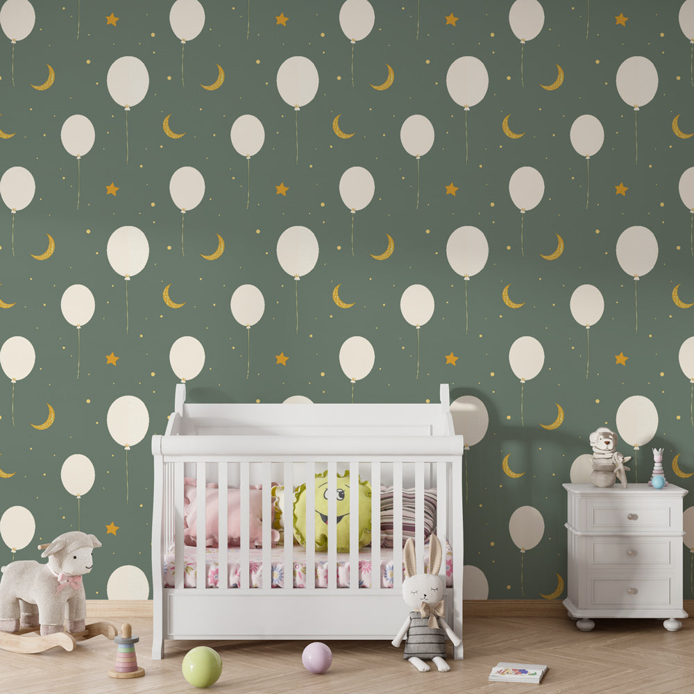 Dreamy balloon and moon wallpaper transforming children's bedroom into celestial wonderland