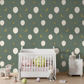 Dreamy balloon and moon wallpaper transforming children's bedroom into celestial wonderland