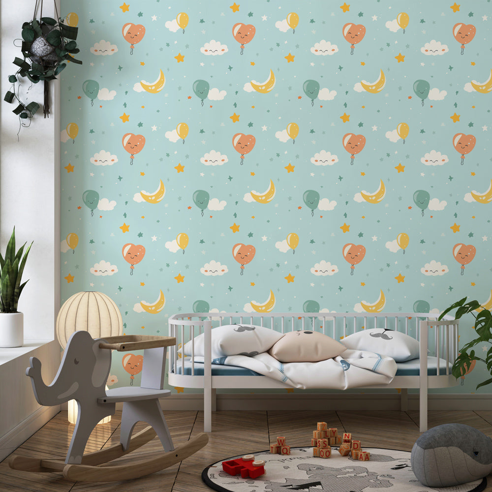 Whimsical balloon and star wallpaper transforming children's bedroom into dreamy space