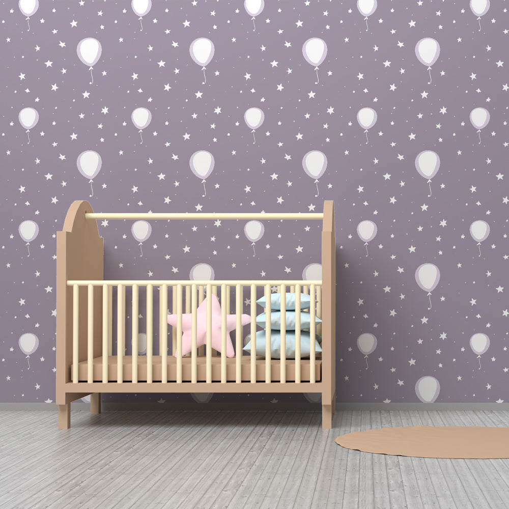 Whimsical balloon wallpaper creating dreamy atmosphere in children's bedroom decor