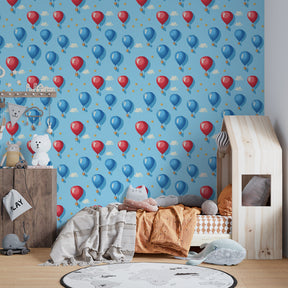 Festive balloon wallpaper creating cheerful kids bedroom atmosphere with floating balloons