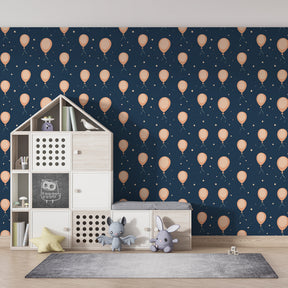 Night sky balloon wallpaper transforming children's bedroom into dreamy space
