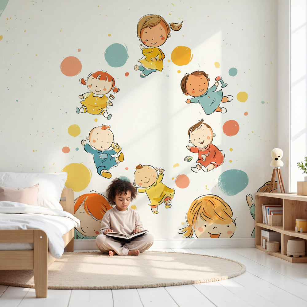 Colorful balloon mural wallpaper decorating modern nursery with joyful characters by Kids-Mundo