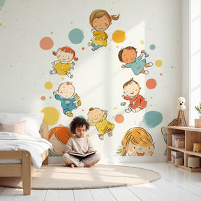 Colorful balloon mural wallpaper decorating modern nursery with joyful characters by Kids-Mundo