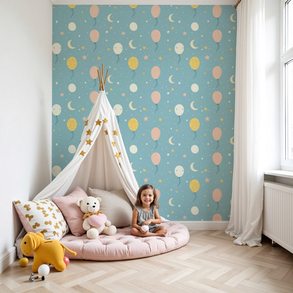 Colorful balloon mural wallpaper with starry sky creating dreamy nursery atmosphere by Kids-Mundo
