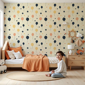 Colorful balloon mural wallpaper with twinkling stars in modern nursery by Kids-Mundo