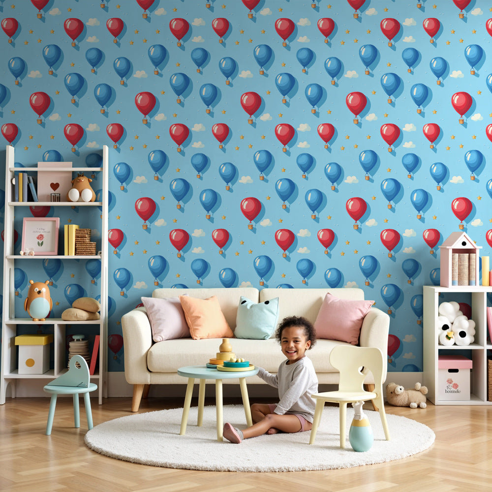Colorful balloon mural wallpaper in modern nursery with blue sky design by Kids-Mundo