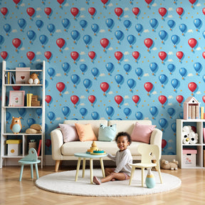 Colorful balloon mural wallpaper in modern nursery with blue sky design by Kids-Mundo