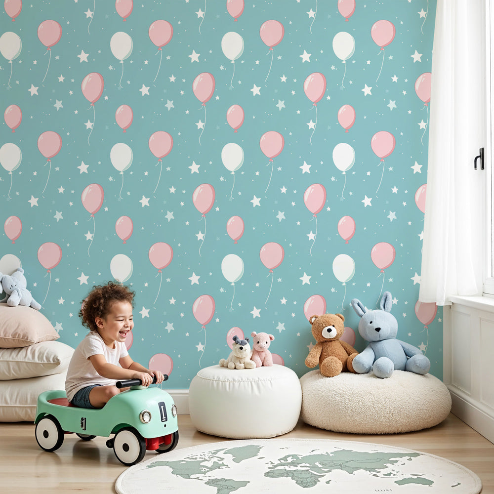 Pink and white balloon mural wallpaper decorating modern nursery room by Kids-Mundo
