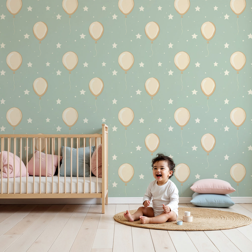 Balloon and stars mural wallpaper in bright nursery room with white furniture by Kids-Mundo