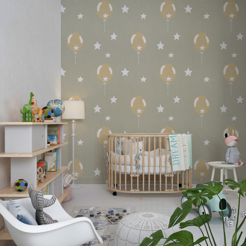 Whimsical balloon wallpaper transforming children's playroom into magical space