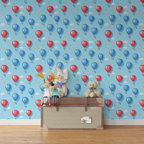 Red and blue balloon mural wallpaper transforming playroom into celebration space