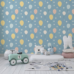 Party theme balloon mural wallpaper transforming playroom into magical celebration space