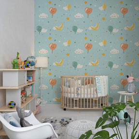 Colorful balloon mural wallpaper with smiling faces decorating modern kids playroom