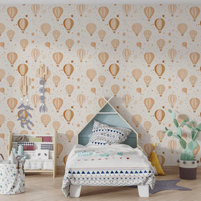 Hot air balloon wallpaper transforming kids playroom with whimsical beige star design