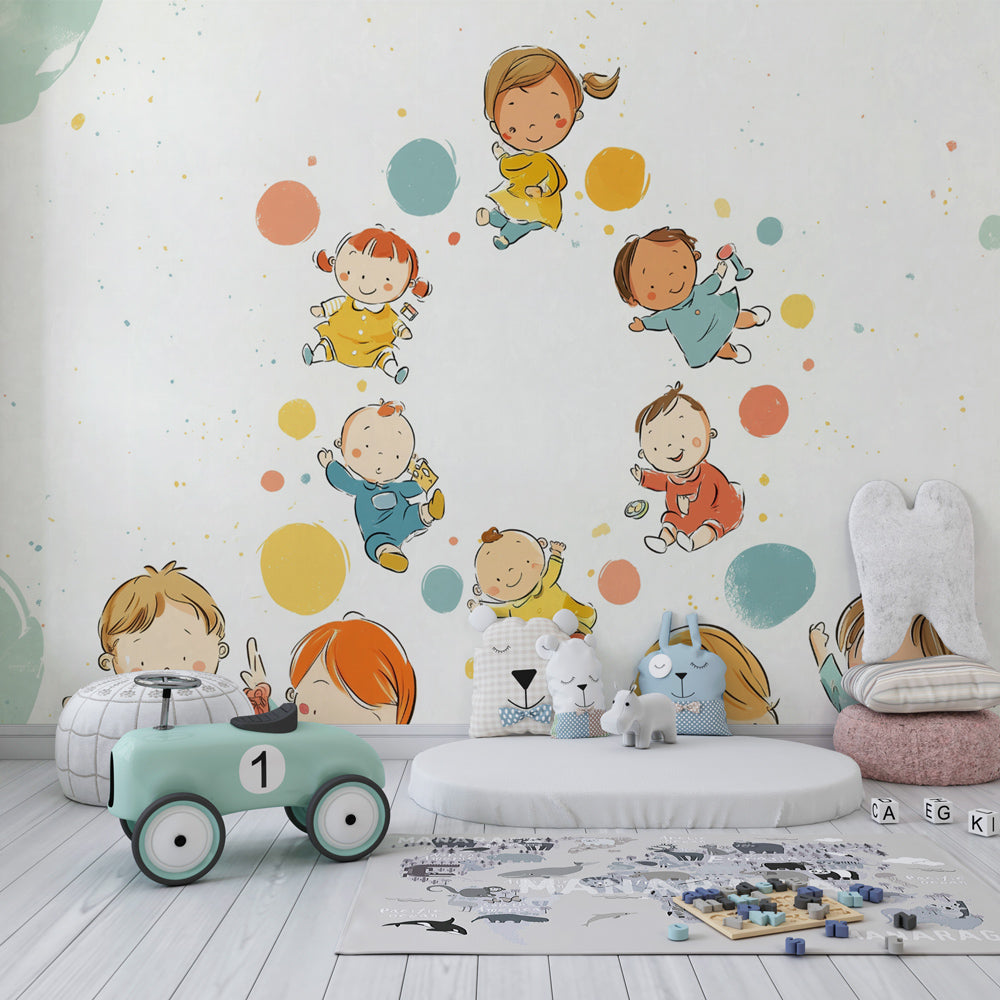 Children's balloon wallpaper creating cheerful playroom atmosphere with pastel colors