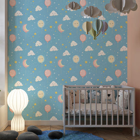 Whimsical balloon and cloud wallpaper transforming modern kids bedroom with dreamy blue sky theme