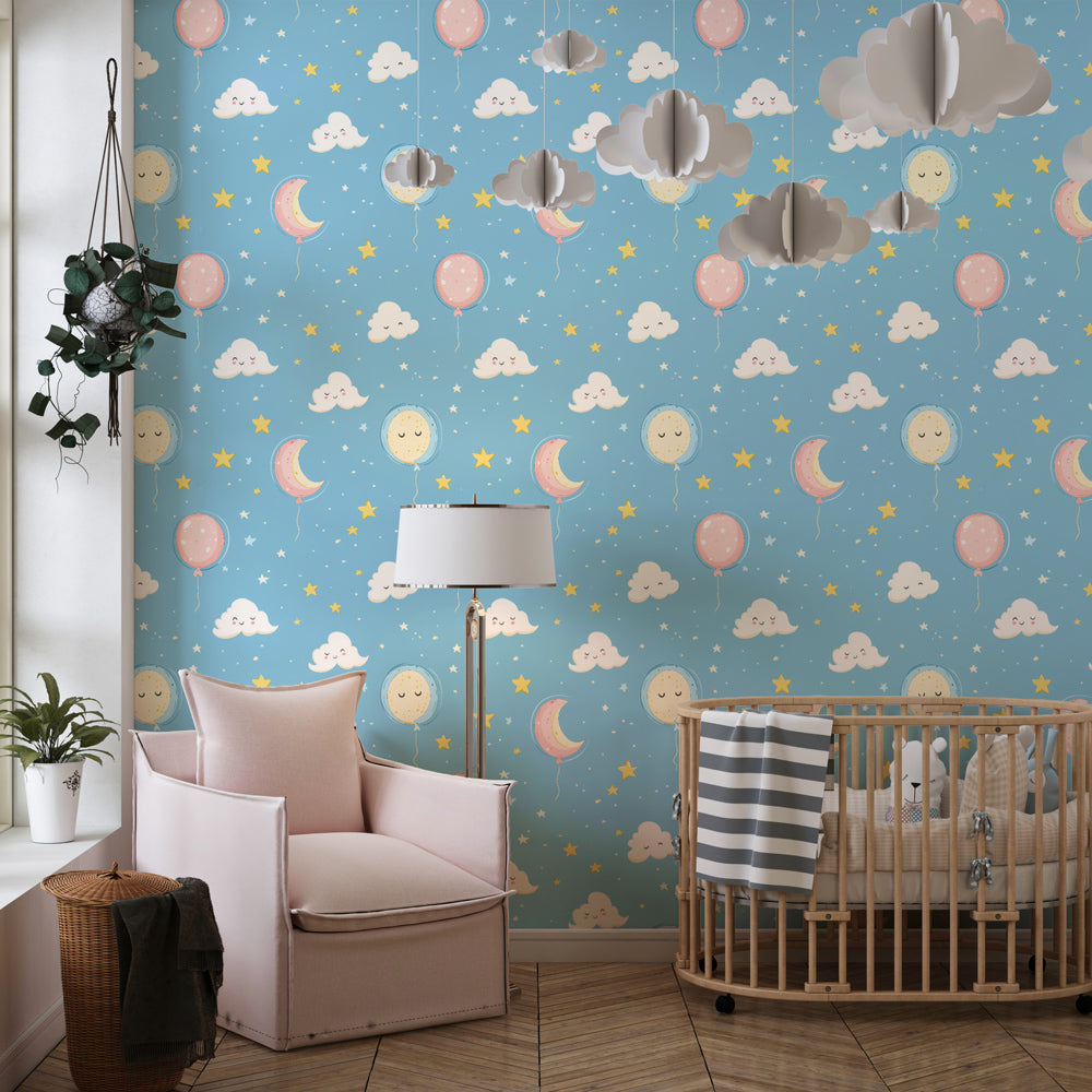 Children's balloon sky wallpaper featuring smiling clouds and stars in bright playroom setting