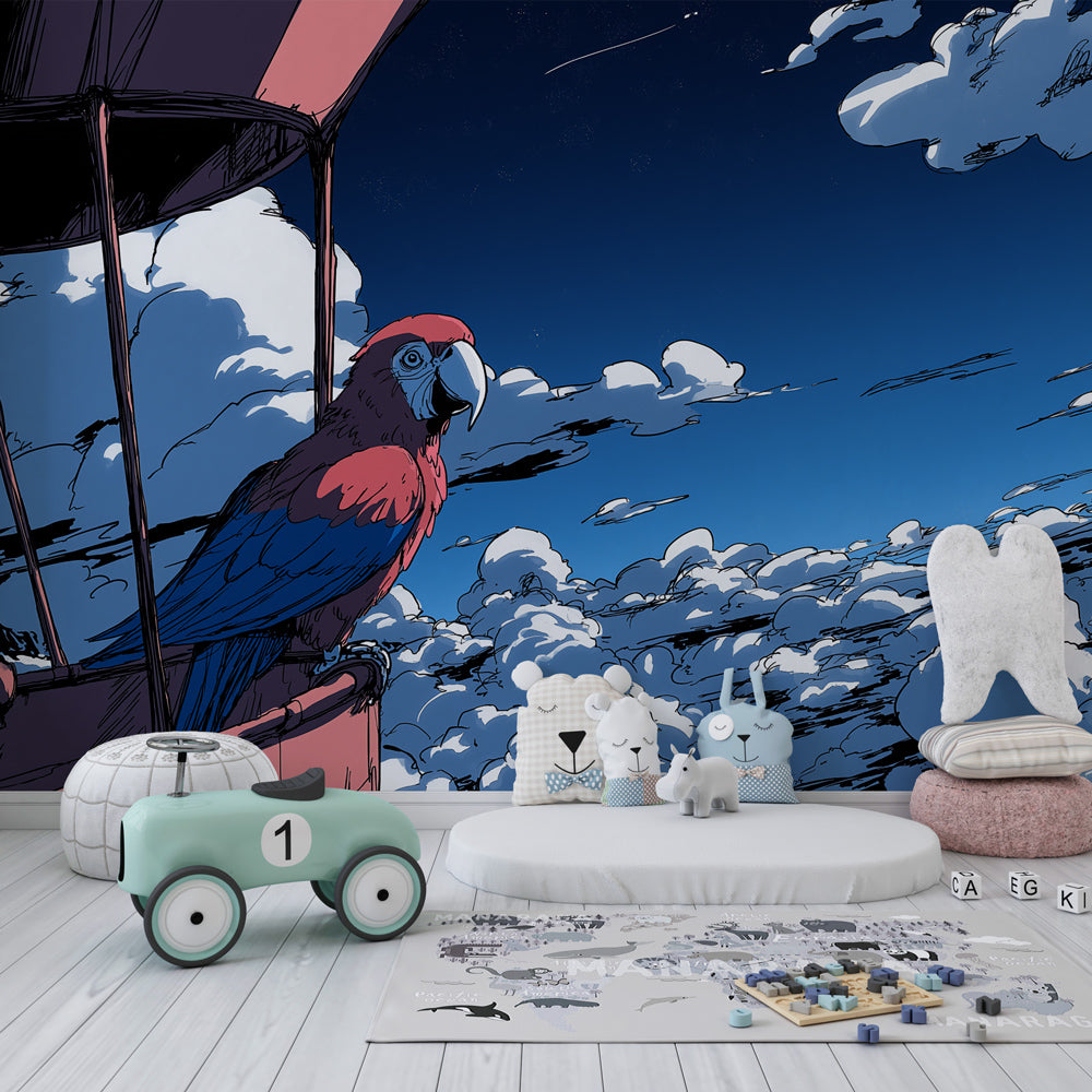 Blue sky hot air balloon wallpaper transforming kids playroom into adventure space