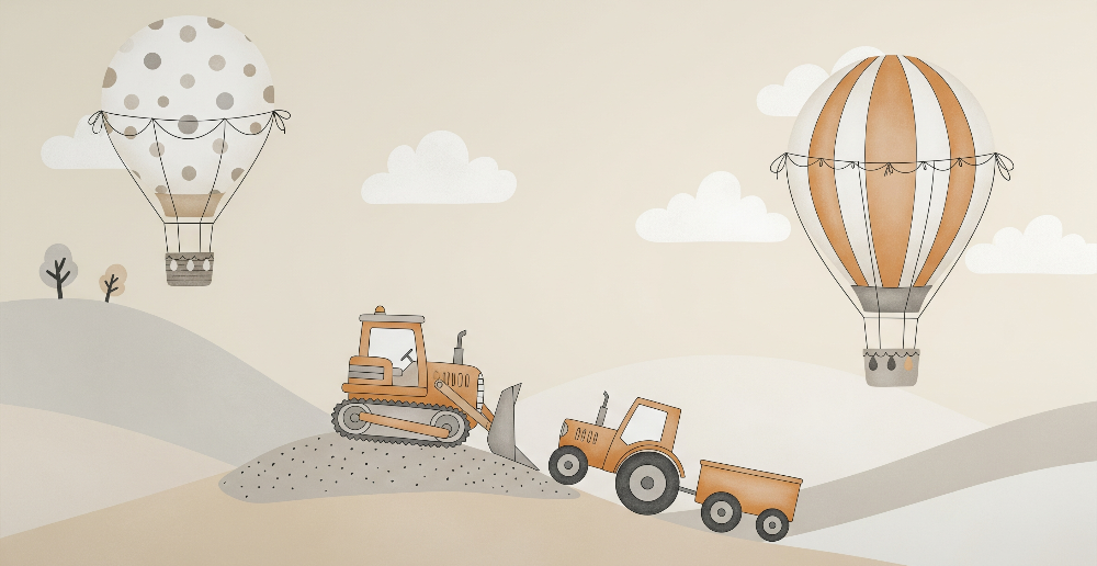 Kids-Mundo flat artwork of hot air balloons, a digger and a tractor on soft beige rolling hills