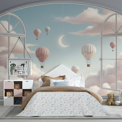 Kids-Mundo moonlit balloon archway mural covering a feature wall in a child's bedroom