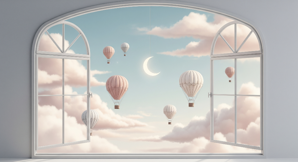 Kids-Mundo flat artwork of arched windows framing hot air balloons under a glowing crescent moon