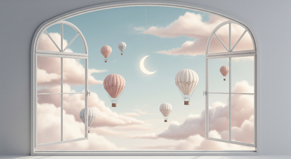 Kids-Mundo flat artwork of arched windows framing hot air balloons under a glowing crescent moon