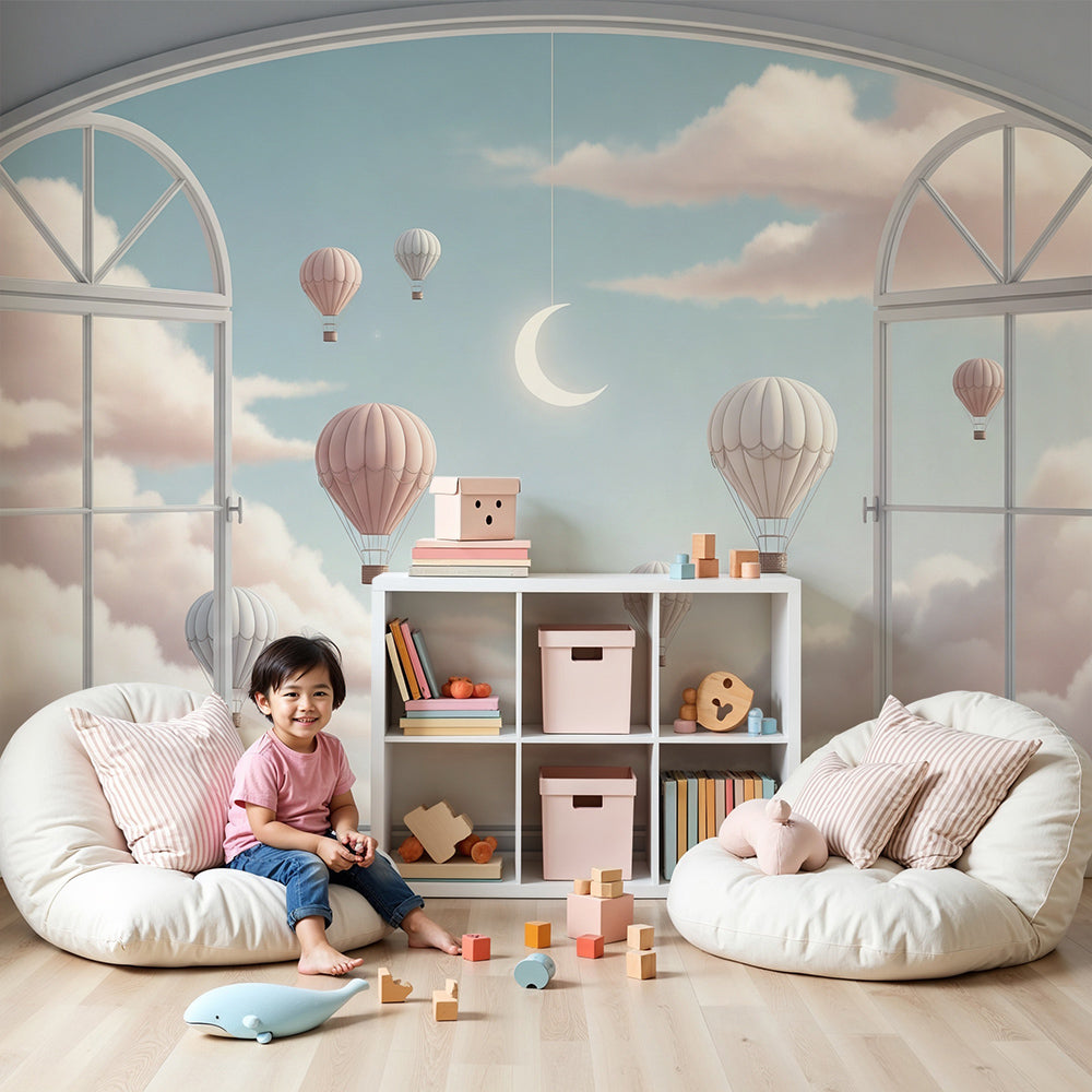 Kids-Mundo hot air balloon moonlit window wall mural styled behind a cot in a calm blue nursery